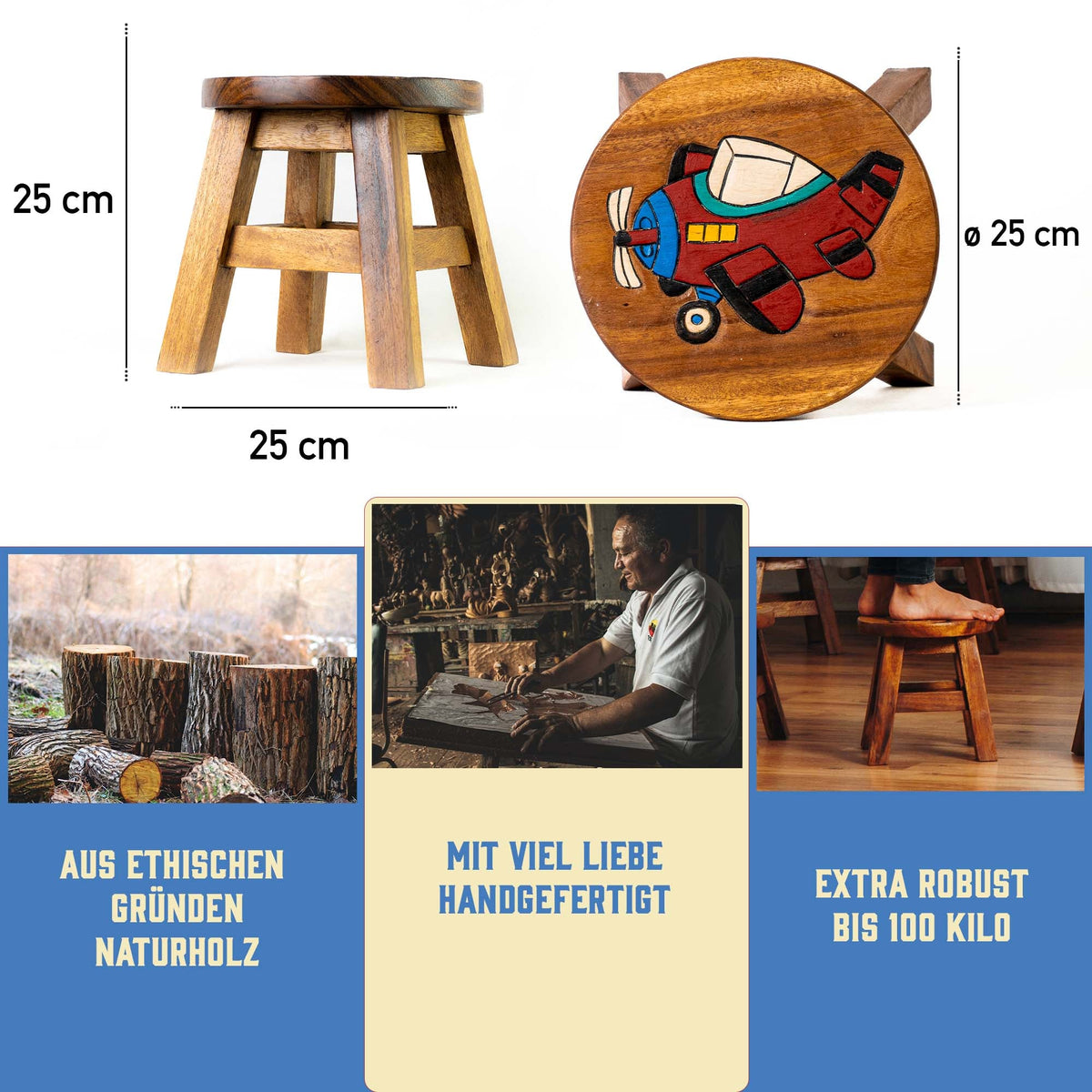 Kinderhocker Holz Hocker - motiv "Rotes Flugzeug" | Handbemalt
