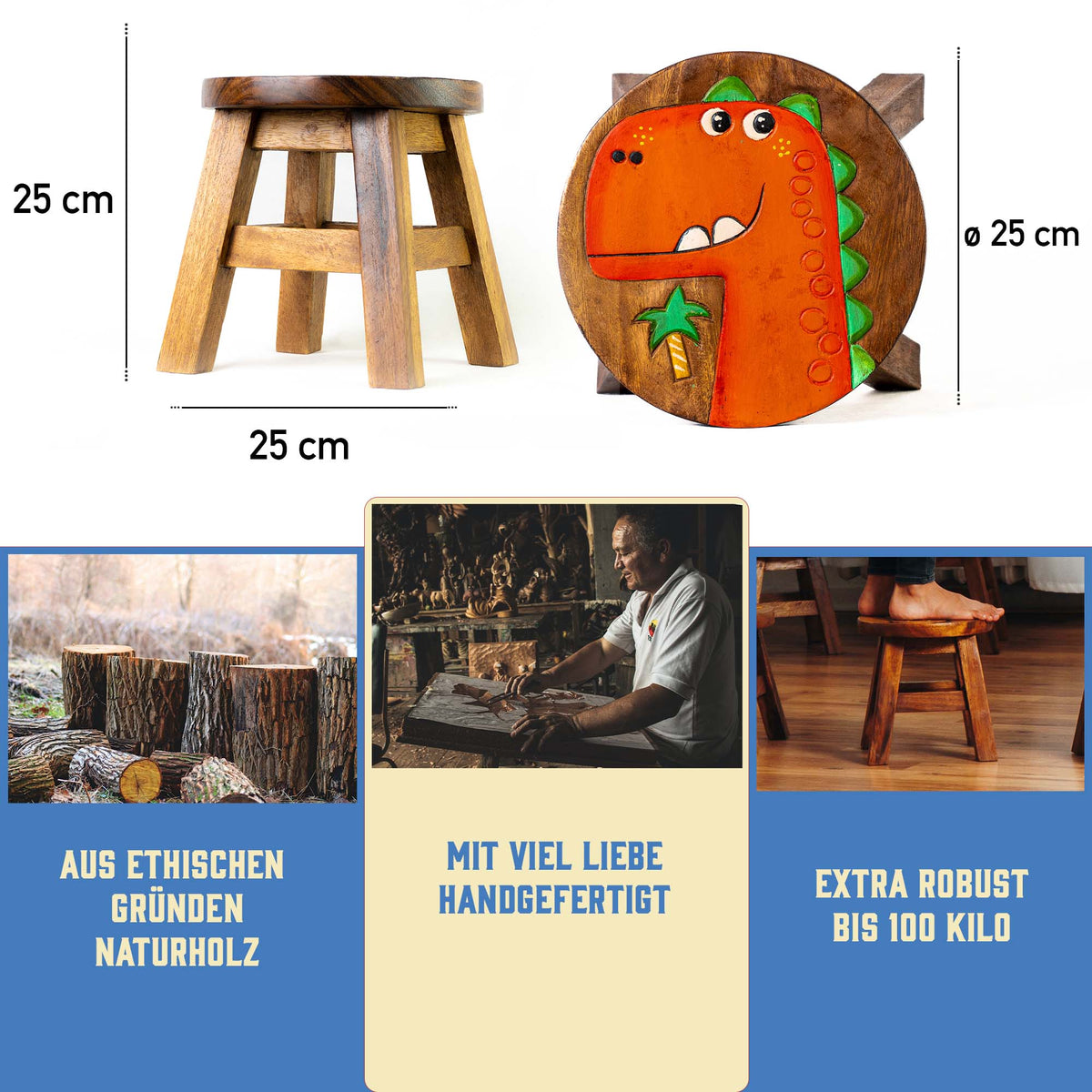Tritthocker für Kinder – runder Kinderhocker – Pflanzenständer für den Innenbereich – Melkhocker – Heimdekoration, Holztritt, Massivholzhocker bemalt und geschnitzt mit Tiermotiv