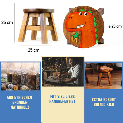 Tritthocker für Kinder – runder Kinderhocker – Pflanzenständer für den Innenbereich – Melkhocker – Heimdekoration, Holztritt, Massivholzhocker bemalt und geschnitzt mit Tiermotiv