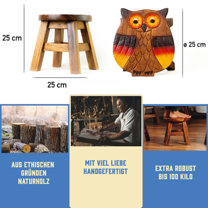 Tritthocker für Kinder – runder Kinderhocker – Pflanzenständer für den Innenbereich – Melkhocker – Heimdekoration, Holztritt, Massivholzhocker bemalt und geschnitzt mit Tiermotiv
