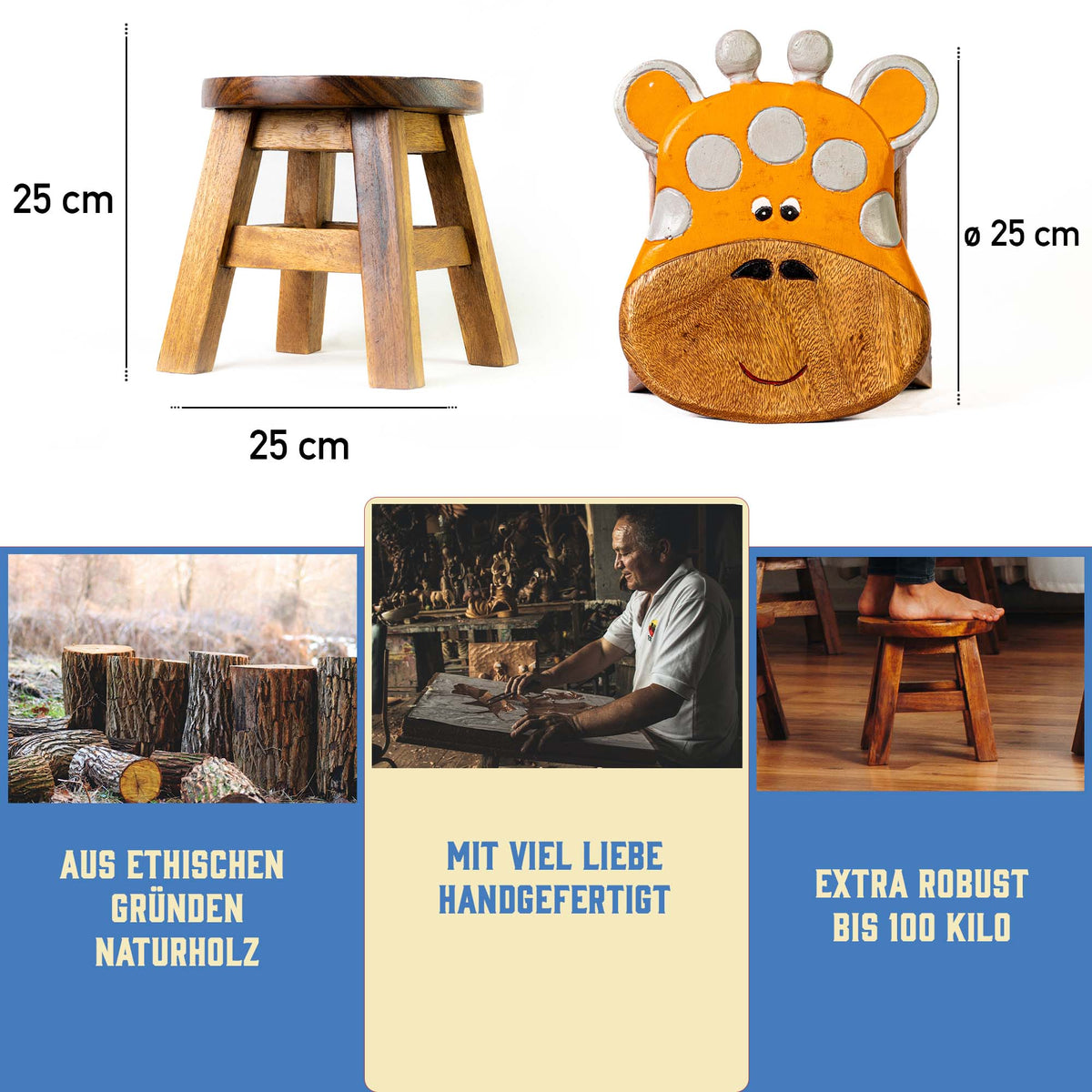 Tritthocker für Kinder – runder Kinderhocker – Pflanzenständer für den Innenbereich – Melkhocker – Heimdekoration, Holztritt, Massivholzhocker bemalt und geschnitzt mit Tiermotiv