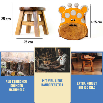 Tritthocker für Kinder – runder Kinderhocker – Pflanzenständer für den Innenbereich – Melkhocker – Heimdekoration, Holztritt, Massivholzhocker bemalt und geschnitzt mit Tiermotiv