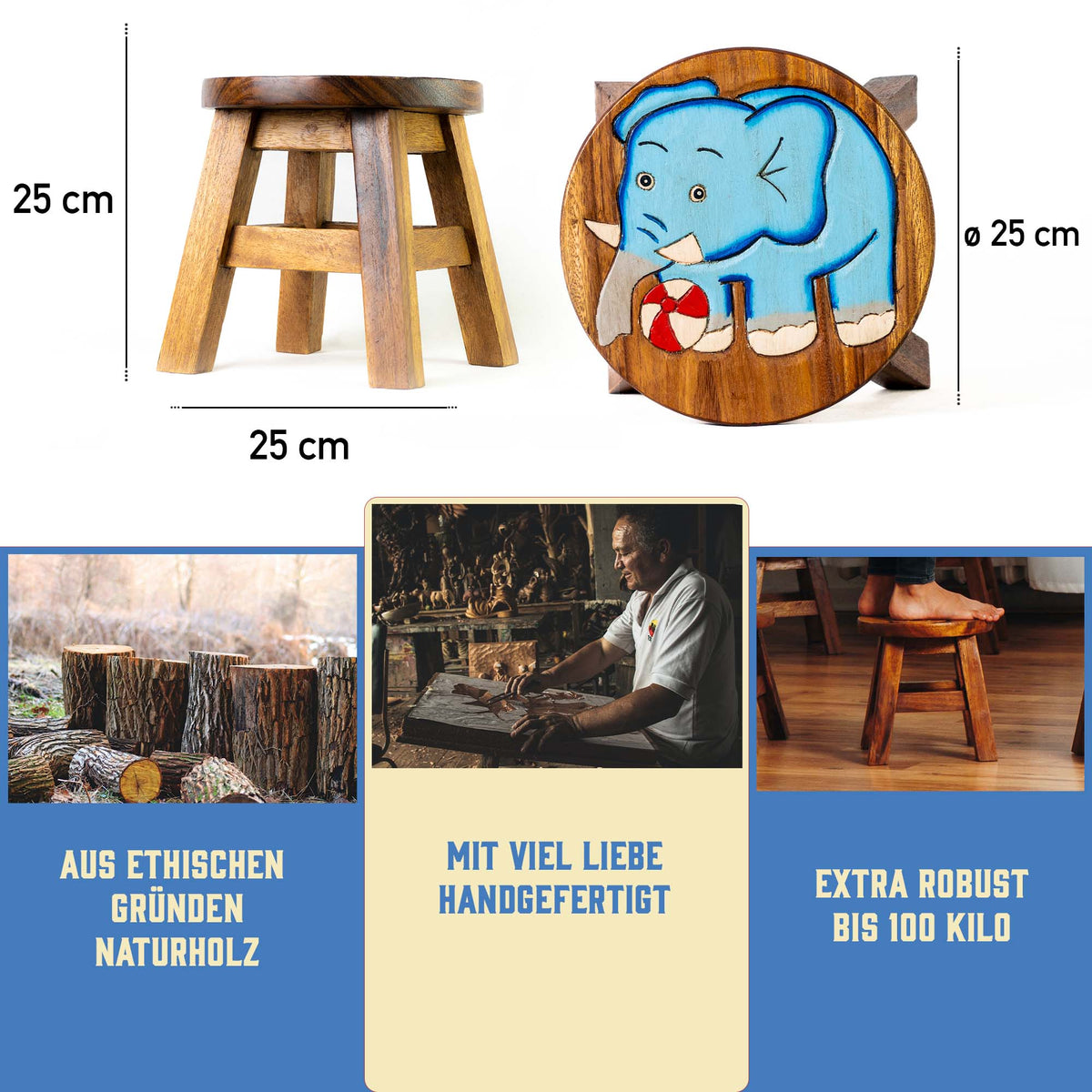 Tritthocker für Kinder – runder Kinderhocker – Pflanzenständer für den Innenbereich – Melkhocker – Heimdekoration, Holztritt, Massivholzhocker bemalt und geschnitzt mit Tiermotiv