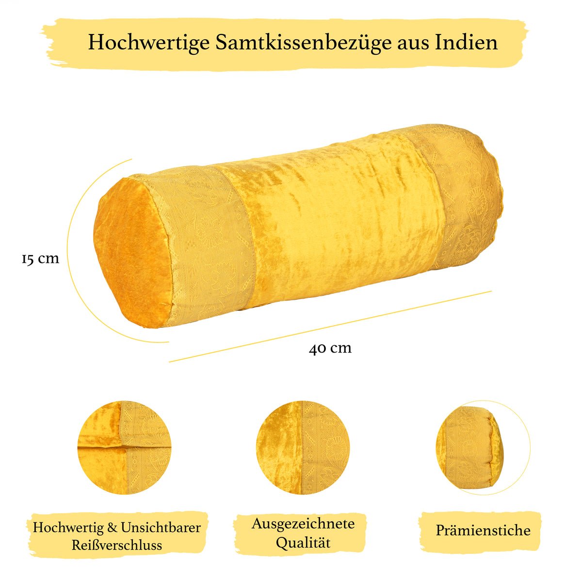 Nackenrolle, Kopfkissen mit waschbarem Bezug, geeignet für Allergiker, Kissen mit Baumwolle gefüllt, Dekokissen aus Samt &amp; Brokat
