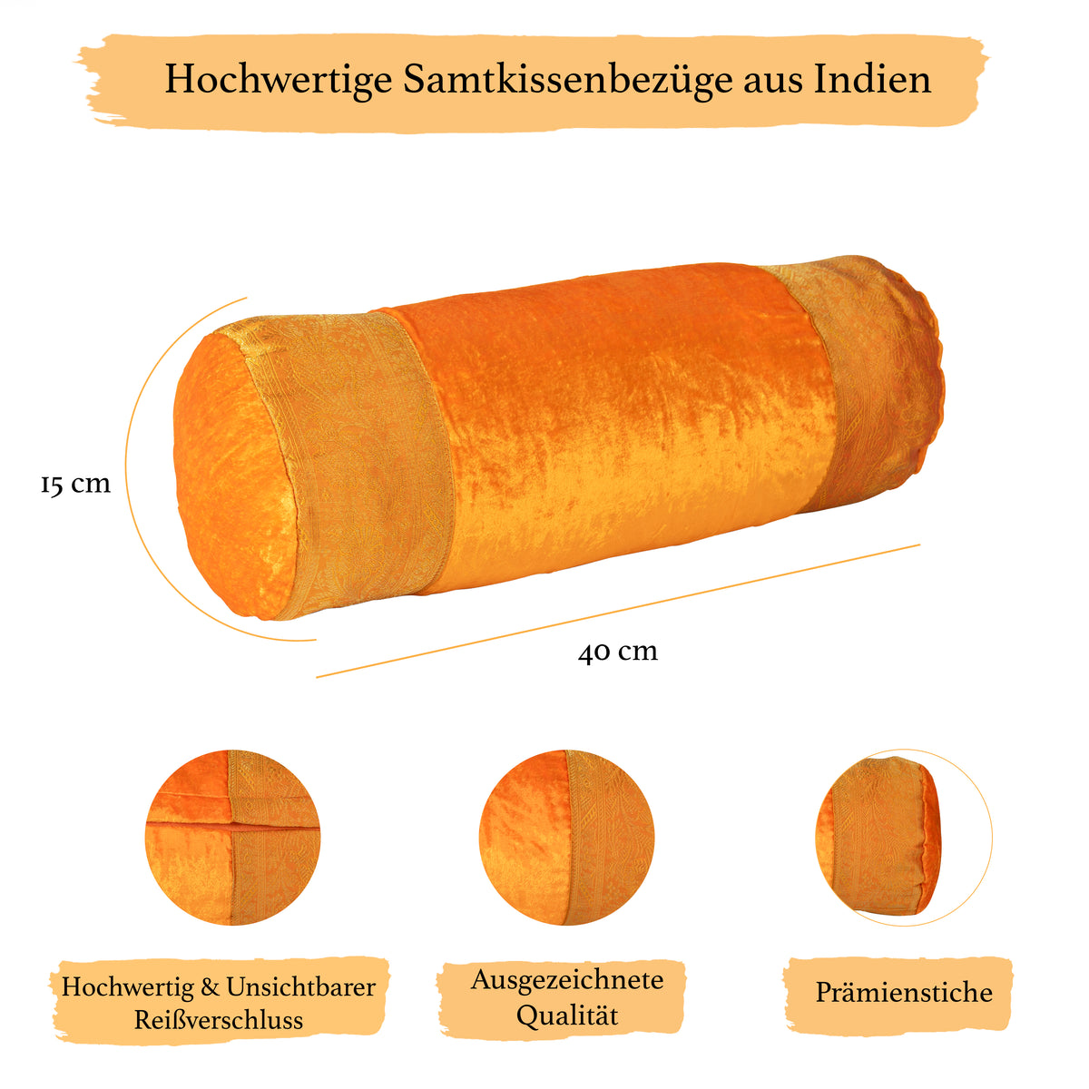 Nackenrolle, Kopfkissen mit waschbarem Bezug, geeignet für Allergiker, Kissen mit Baumwolle gefüllt, Dekokissen aus Samt &amp; Brokat