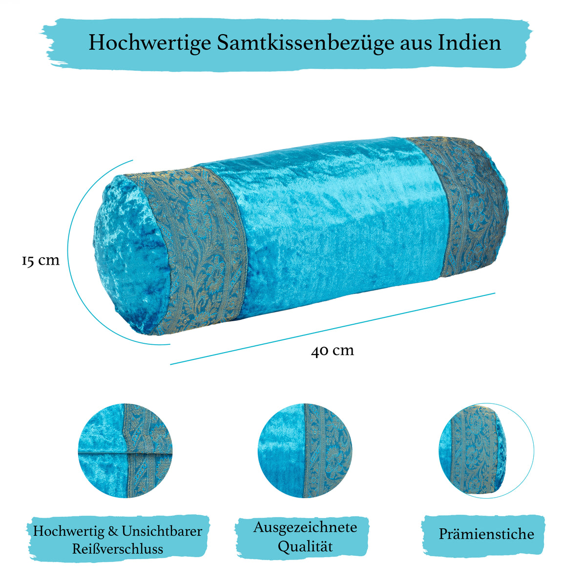 Nackenrolle, Kopfkissen mit waschbarem Bezug, geeignet für Allergiker, Kissen mit Baumwolle gefüllt, Dekokissen aus Samt &amp; Brokat