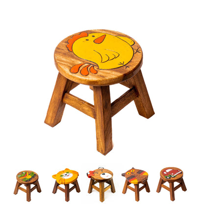 Tritthocker für Kinder – runder Kinderhocker – Pflanzenständer für den Innenbereich – Melkhocker – Heimdekoration, Holztritt, Massivholzhocker bemalt und geschnitzt mit Tiermotiv