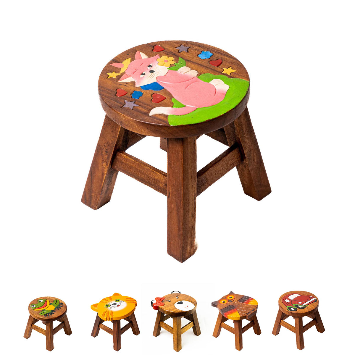 Tritthocker für Kinder – runder Kinderhocker – Pflanzenständer für den Innenbereich – Melkhocker – Heimdekoration, Holztritt, Massivholzhocker bemalt und geschnitzt mit Tiermotiv