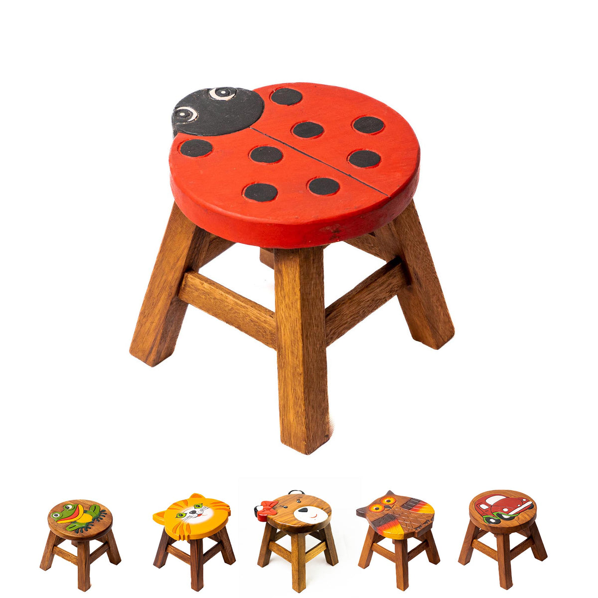 Tritthocker für Kinder – runder Kinderhocker – Pflanzenständer für den Innenbereich – Melkhocker – Heimdekoration, Holztritt, Massivholzhocker bemalt und geschnitzt mit Tiermotiv