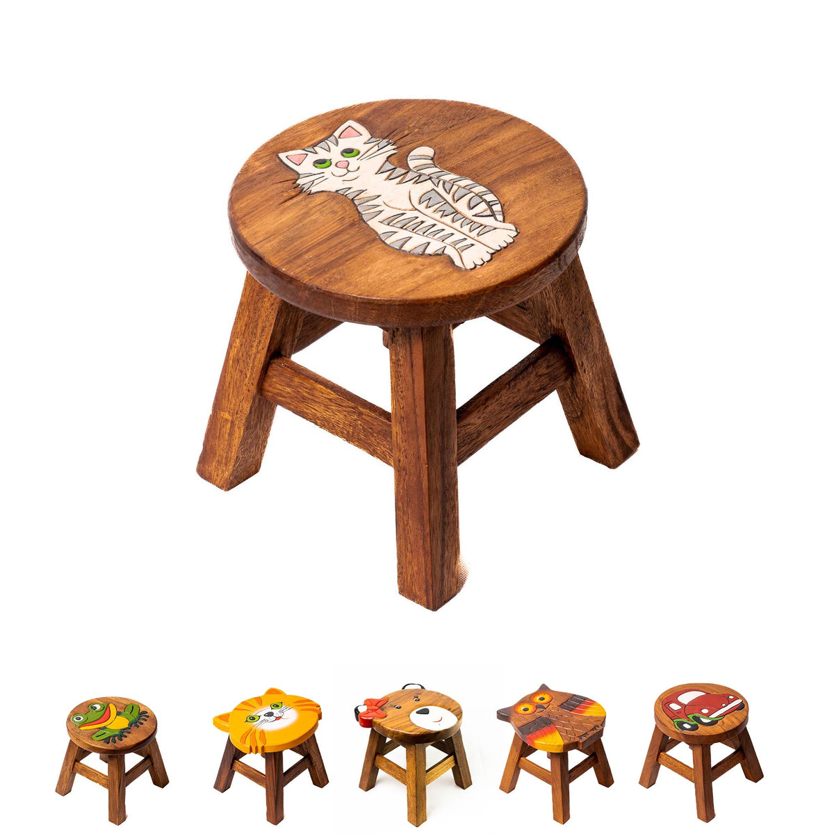 Kinderhocker Holz Hocker - motiv "Getigerte Katze" | Handbemalt
