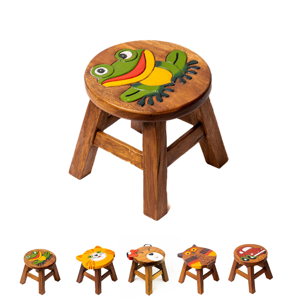 Tritthocker für Kinder – runder Kinderhocker – Pflanzenständer für den Innenbereich – Melkhocker – Heimdekoration, Holztritt, Massivholzhocker bemalt und geschnitzt mit Tiermotiv
