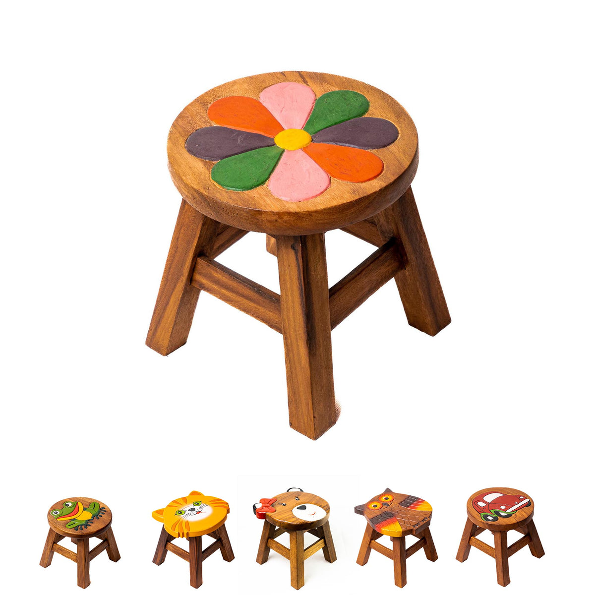 Tritthocker für Kinder – runder Kinderhocker – Pflanzenständer für den Innenbereich – Melkhocker – Heimdekoration, Holztritt, Massivholzhocker bemalt und geschnitzt mit Tiermotiv