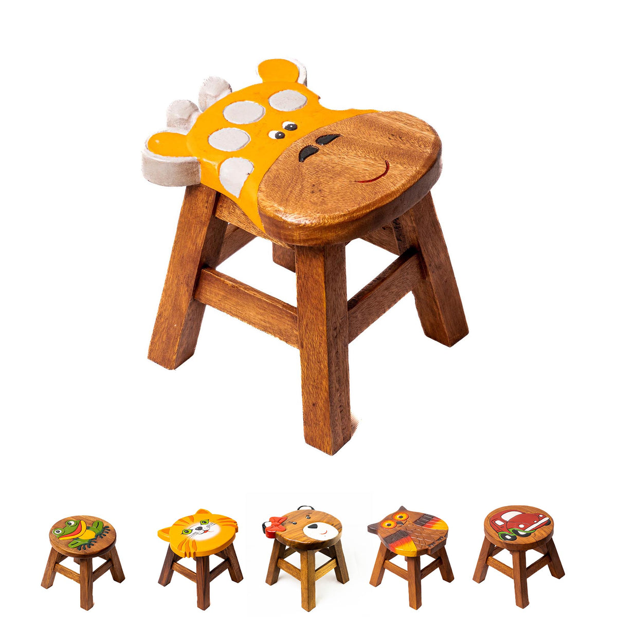 Tritthocker für Kinder – runder Kinderhocker – Pflanzenständer für den Innenbereich – Melkhocker – Heimdekoration, Holztritt, Massivholzhocker bemalt und geschnitzt mit Tiermotiv
