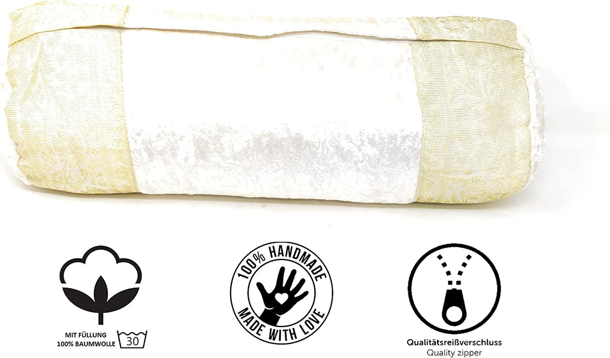 Nackenrolle, Kopfkissen mit waschbarem Bezug, geeignet für Allergiker, Kissen mit Baumwolle gefüllt, Dekokissen aus Samt &amp; Brokat