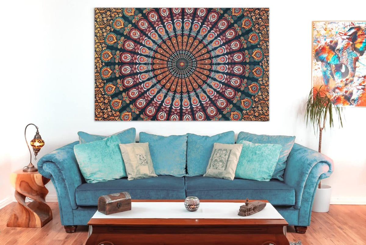 Wanddekoration aus 100% Baumwolle ca. 205 x 235 cm, Wandtuch für Zuhause, Strandtuch / großes Tapestry, Wandteppich Mandala