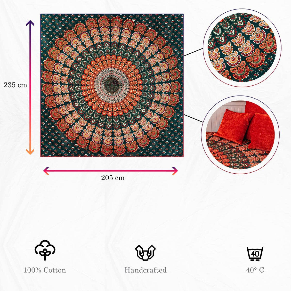 Wanddekoration aus 100% Baumwolle ca. 205 x 235 cm, Wandtuch für Zuhause, Strandtuch / großes Tapestry, Wandteppich Mandala