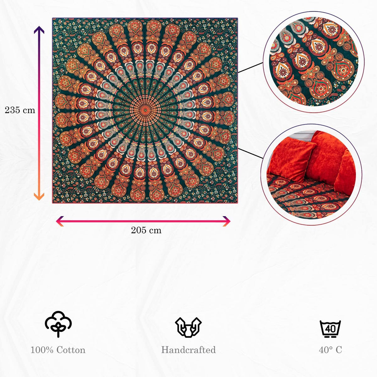 Wanddekoration aus 100% Baumwolle ca. 205 x 235 cm, Wandtuch für Zuhause, Strandtuch / großes Tapestry, Wandteppich Mandala