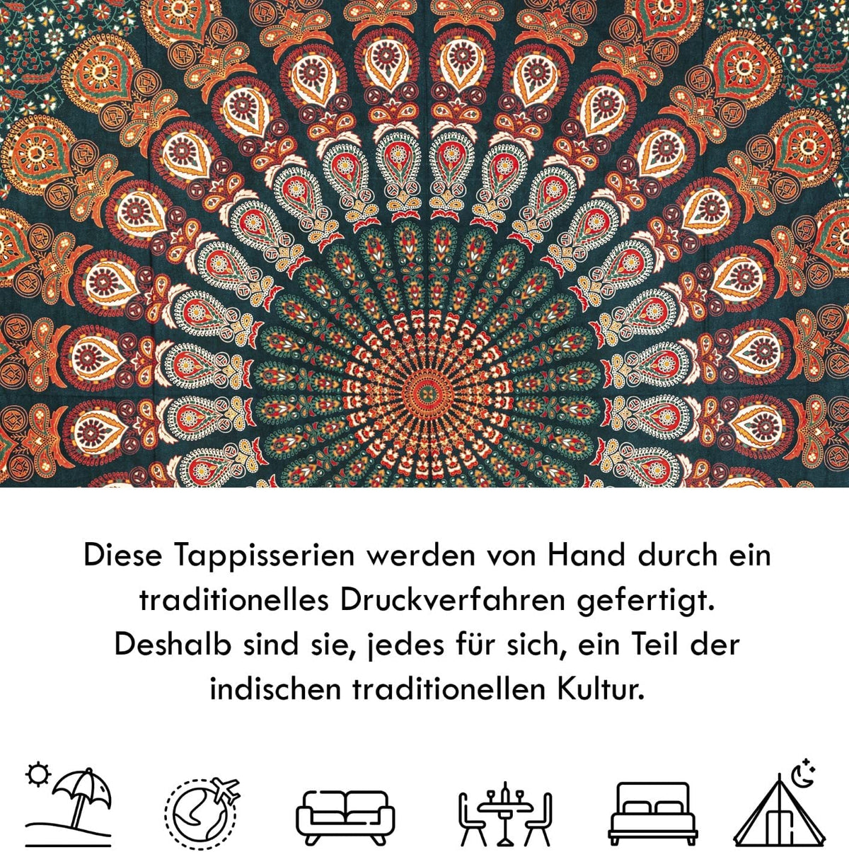 Wanddekoration aus 100% Baumwolle ca. 205 x 235 cm, Wandtuch für Zuhause, Strandtuch / großes Tapestry, Wandteppich Mandala