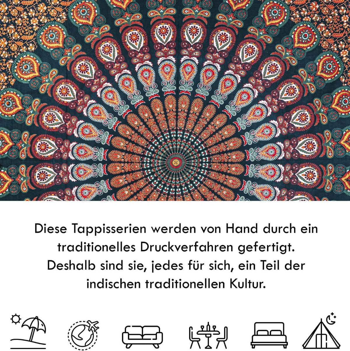Wanddekoration aus 100% Baumwolle ca. 205 x 235 cm, Wandtuch für Zuhause, Strandtuch / großes Tapestry, Wandteppich Mandala