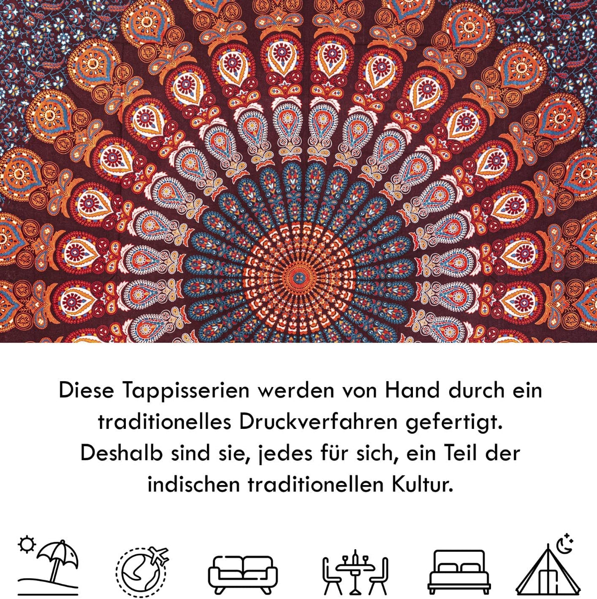Wanddekoration aus 100% Baumwolle ca. 205 x 235 cm, Wandtuch für Zuhause, Strandtuch / großes Tapestry, Wandteppich Mandala