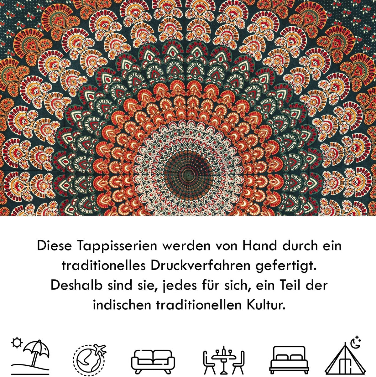 Wanddekoration aus 100% Baumwolle ca. 205 x 235 cm, Wandtuch für Zuhause, Strandtuch / großes Tapestry, Wandteppich Mandala