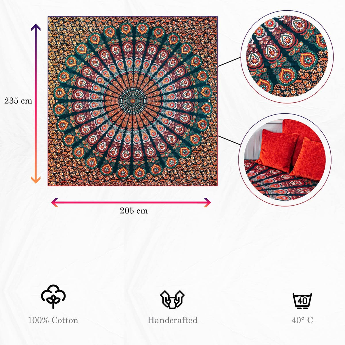 Wanddekoration aus 100% Baumwolle ca. 205 x 235 cm, Wandtuch für Zuhause, Strandtuch / großes Tapestry, Wandteppich Mandala