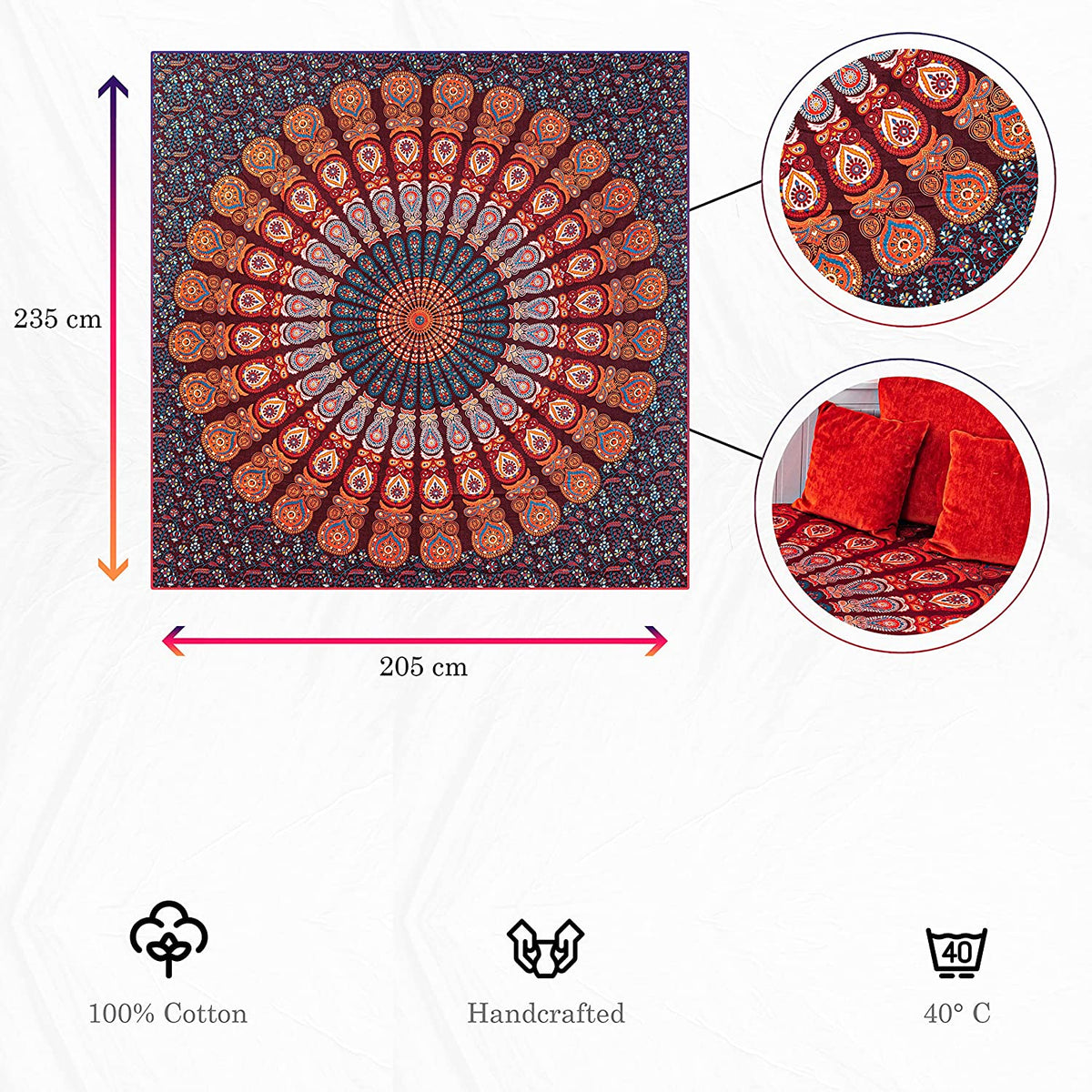 Wanddekoration aus 100% Baumwolle ca. 205 x 235 cm, Wandtuch für Zuhause, Strandtuch / großes Tapestry, Wandteppich Mandala