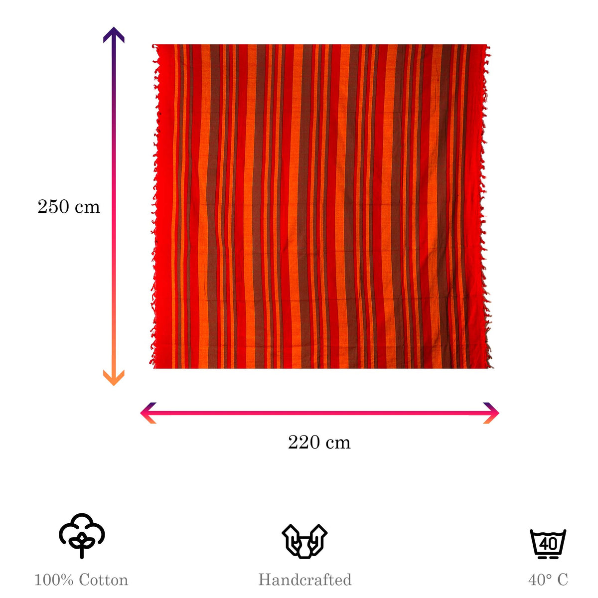 Tagesdecke/gestreifter Sofaüberwurf in verschiedene Farben 250 x 220cm handgewebt aus 100% Baumwolle – XXL-Größe mit Fransen