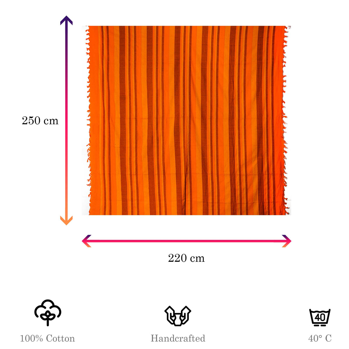 Tagesdecke/gestreifter Sofaüberwurf in verschiedene Farben 250 x 220cm handgewebt aus 100% Baumwolle – XXL-Größe mit Fransen