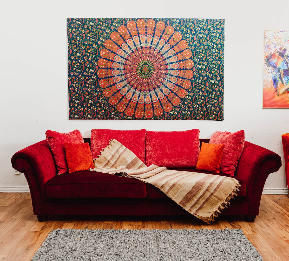 Tagesdecke/gestreifter Sofaüberwurf in verschiedene Farben 250 x 220cm handgewebt aus 100% Baumwolle – XXL-Größe mit Fransen